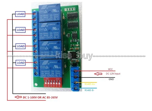 4 Канальный Релейный Модуль RS485 постоянного тока 12 В Modbus RTU и дистанционное