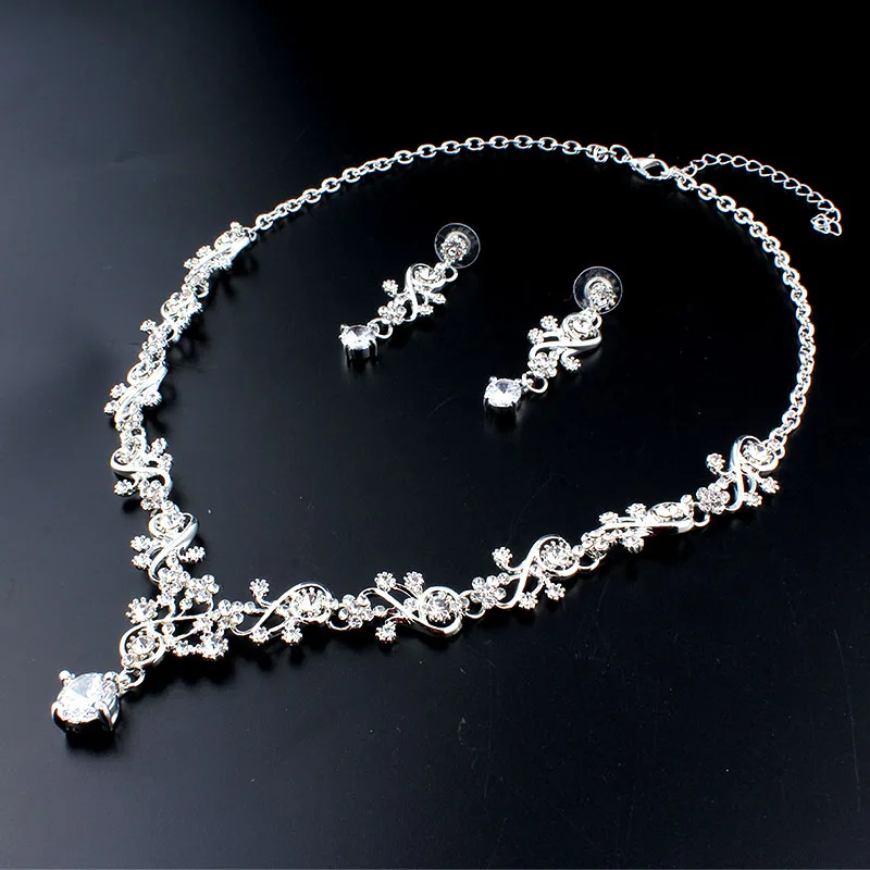 WEIBANG Свадебные украшения набор в форме цветка ожерелье длинные серьги набор кристалл серебряный цвет платье аксессуары дропшиппинг