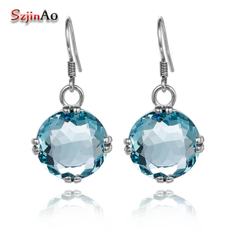 Szjinao Sparkling Fashion Earrings Round Aquamarine Boho Soild 925 Sterling Silver Earring for Women Bridal Jewelry цена Szjinao Sparkling Fashion Earrings Round Aquamarine Boho Soild 925 Sterling Silver Earring for Women Bridal Jewelry цены онлайн