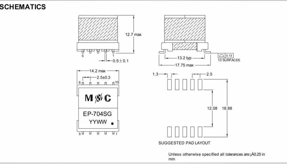 EP13 SMD 1to1 flyback power transformer 13W 36-57V to 5V 1.25A 200KHZ 40UH 3
