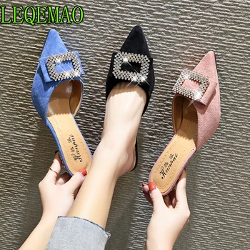 

Elegant Women Mules Slippers Pointed Toe Rhinestone Buckle Sandals Fashion Flock Solid Summer Shoes Footwear For Ladies