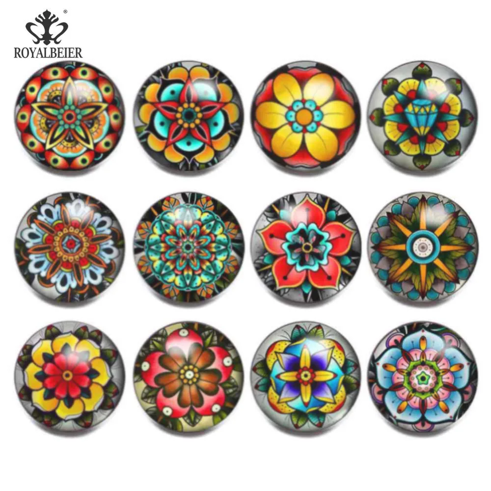 ROYALBEIER 12pcs/lot Tattoo Flower Pattern Multi Color Charms Fit 18mm Glass Snap Button Jewelry Charm Women KZ1010 | Украшения и