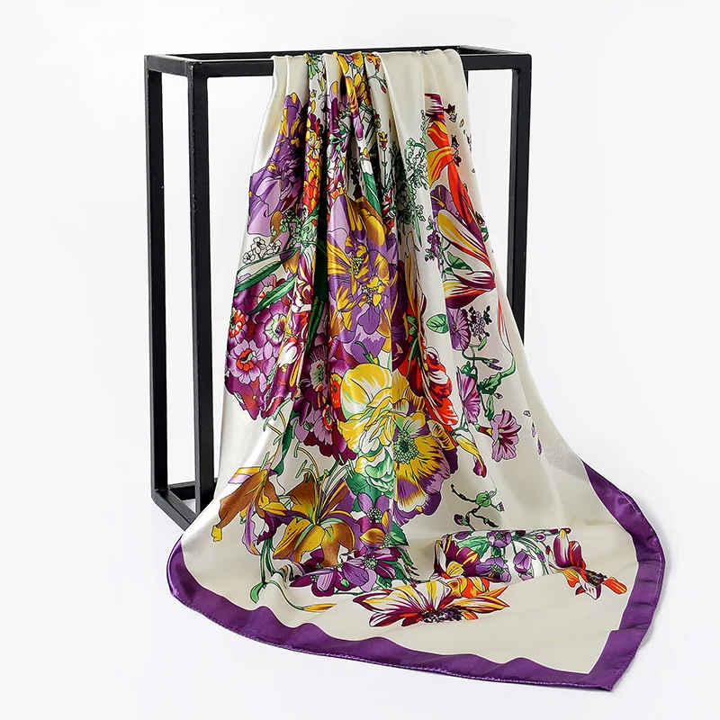 

Silk Scarves for Women Print Foulard Satin Square Head Hijab Scarfs For Ladies Luxury Brand Shawls 90*90 Bandana Large Scarf