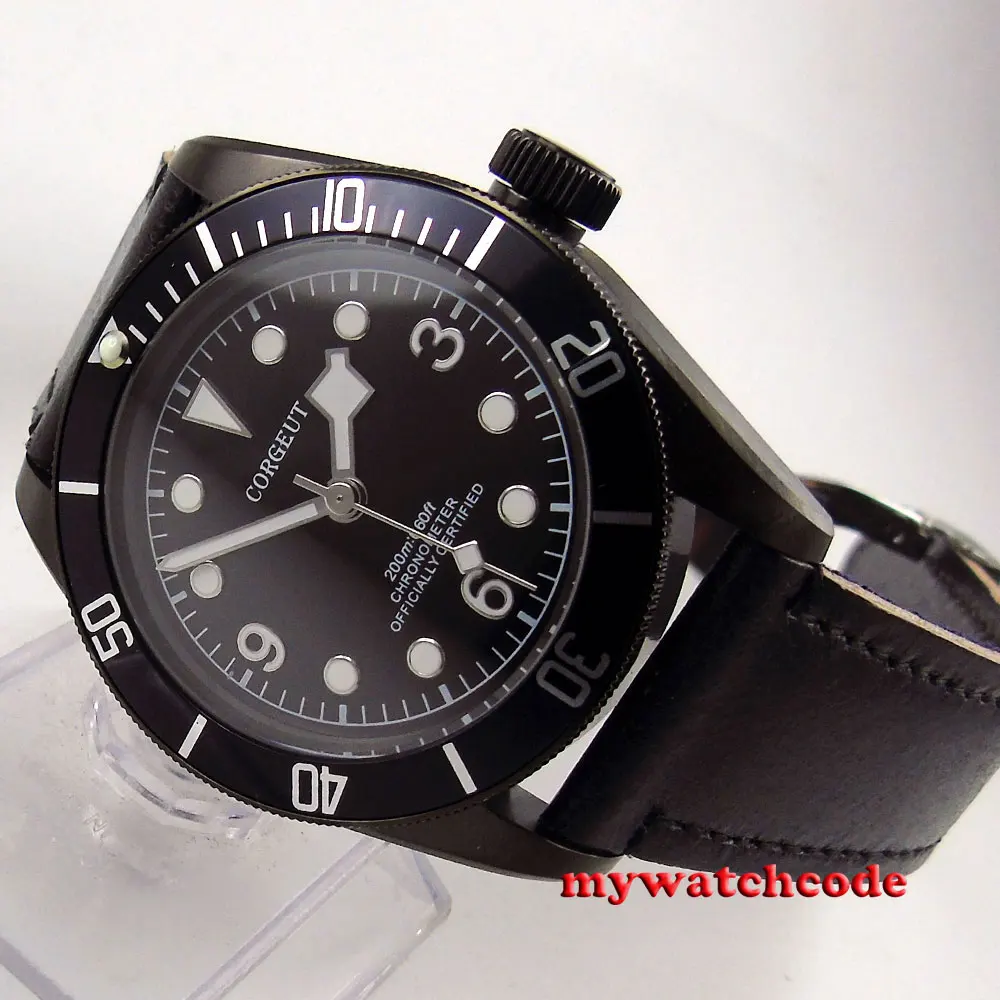 

41mm corgeut black dial green luminous PVD case deployment clasp Sapphire Glass automatic mens Watch