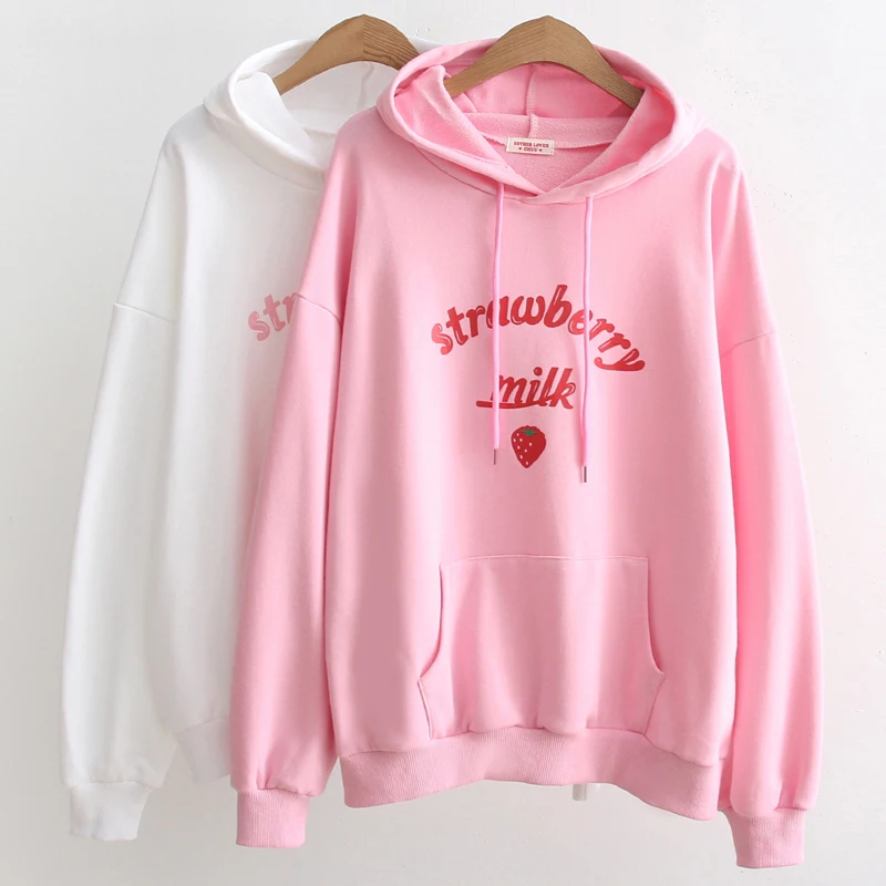 

2019 New Autumn Hoodies Female Harajuku Milk Girl Pink Hoodies Loose Hooded College Wind Cute Strawberry Print Pullover