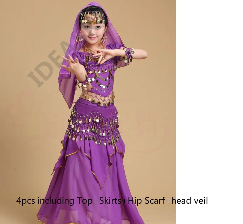 Индийский танец живота Болливуд танцевальные костюмы для детей набор профессиональных детей девочек Восточный Танец Топ юбка хип шарф - Цвет: purple 4pcs