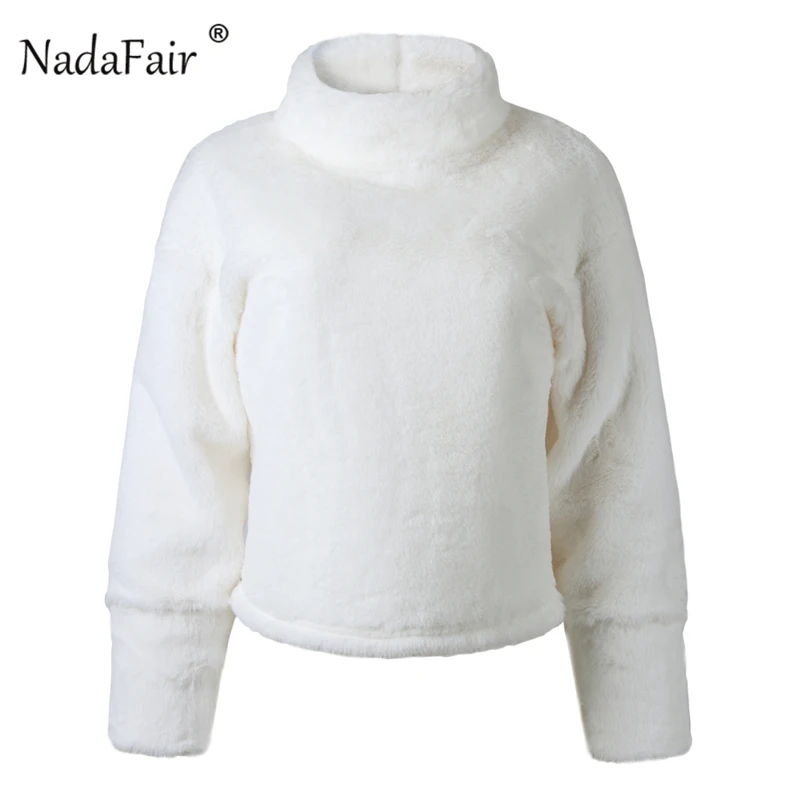 Nadafair Turtleneck Faux Fur Coat Long Sleeve Autumn White Fluffy Short Coat 2018 Streetwear Shaggy Plush Winter Coat Women