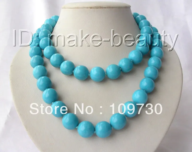 

Jewelry 0011853 stunning long 36" big 14mm round blue turquoise beads necklace