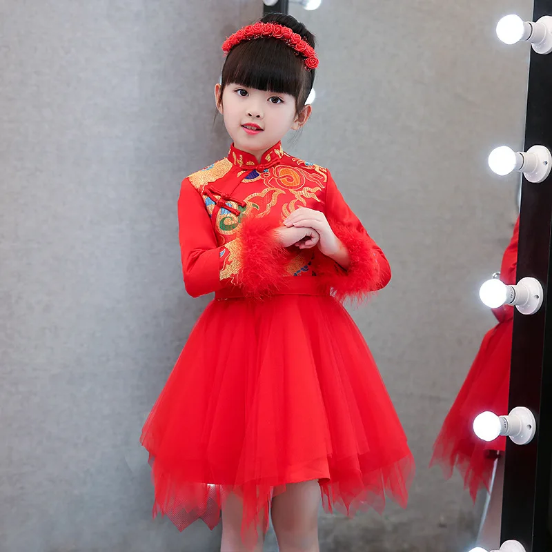 

Red New Year Clothes Traditional Chinese Dress Kids Children Cheongsam Baby Girl Modern Qipao Vestido Oriental Dresses Chipao