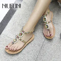 Новые летние дамские сандалии Цвет со стразами Для женщин обувь в богемном стиле пляжные вьетнамки на плоской подошве удобная