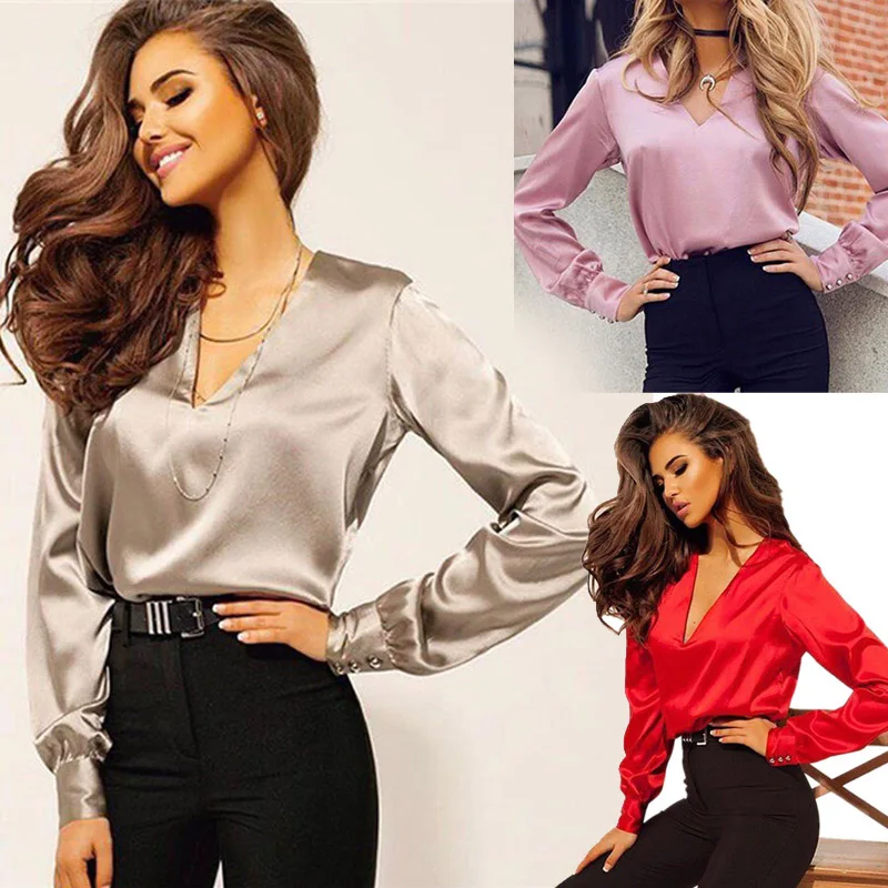 

2019 New Style Modish Party Elegant Sexy Tshirt Women Deep V Neck Solid Long Sleeves Top Spring And Autumn New Harajuku Shirt