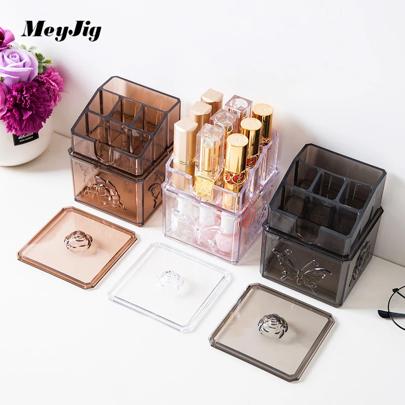Stackable Transparent Carved Lipstick Storage Box Cosmetic Organizer Plastic Cotton Pad Container desktop Makeup | Дом и сад