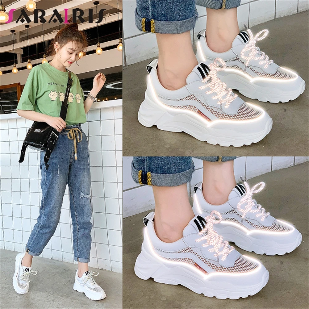 

SARAIRIS New Fashion Dad Shoes Ladies Split Leather Reflective Flat Platfrom Shoes Woman Causal Soft Summer Autumn Flats 2019