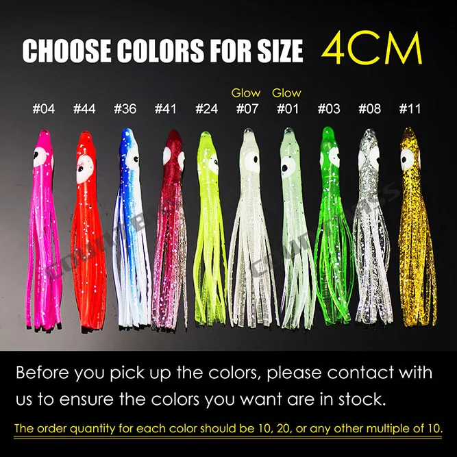 4cm Choose Colors 100 шт., 4 см, 6 см, 9 см, 10 см, светящиеся игольчатые юбки для кальмаров, мягкие приманки для осьминога, снасти для рукоделия, вспомогательные крючки - Цвет: 4cm Choose Colors