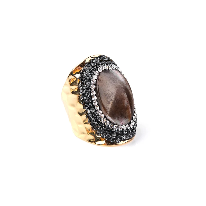 BOJIU, трендовые золотые кольца для женщин, граненые, синие, с черным кристаллом, Овальные, розовые, коричневые кольца ракушки, Femme, вечерние ювелирные изделия RI031 - Цвет основного камня: Brown Grey