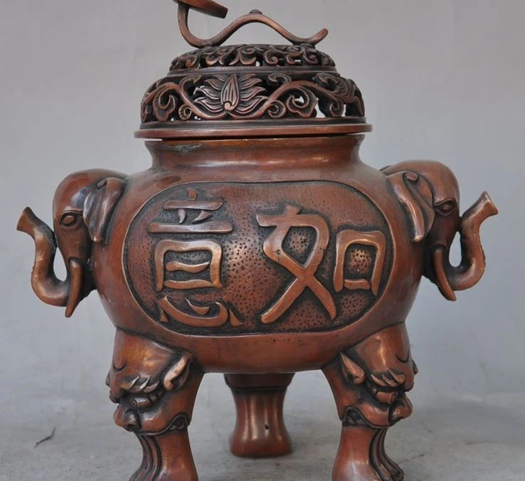

11" China bronze copper elephant ruyi beast incense burner Censer lucky statue