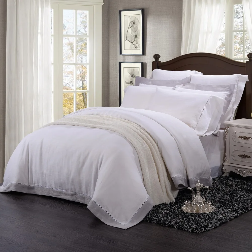 Washed 100 Linen 9pcs Bedding Set With Hemstitch Lace Including 1