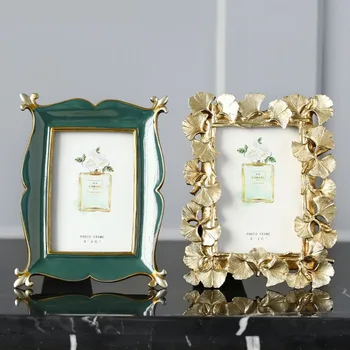

Home Decoration American Retro Golden Ginkgo Leaves Photo Frame Set Emerald Picture Frames 6/7/8 inch