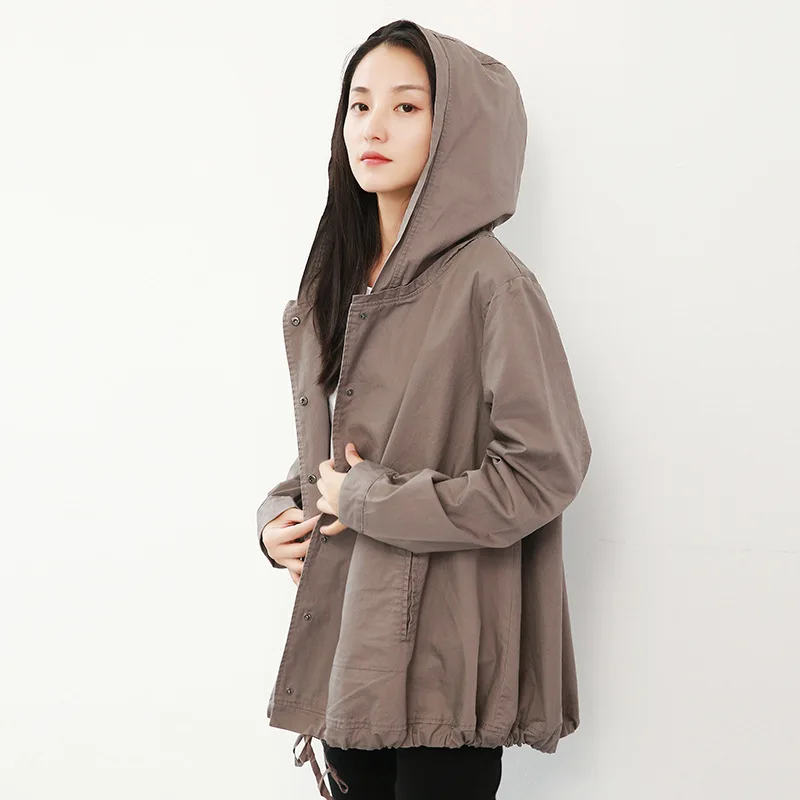 

NINI WONDERLAND 2019 Autumn Cotton Jacket Coats Women Loose Hooded Casual Outerwear Female Single Breasted Coats Big Size