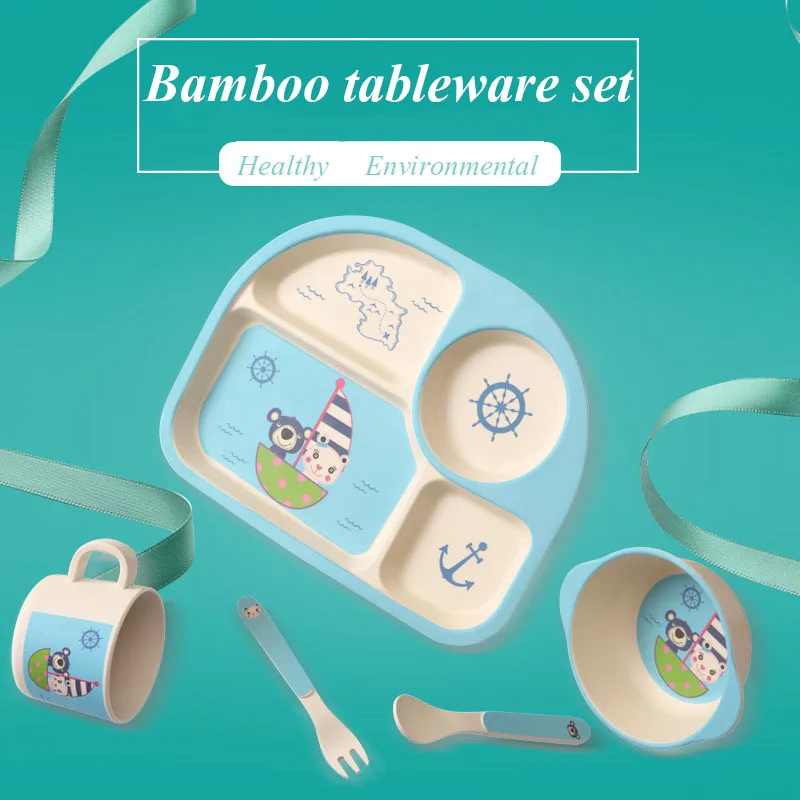 Service de table enfants | 5 pièces/ensemble fiber de bambou, santé environnement dessin animé vaisselle bébé assiette fourchette