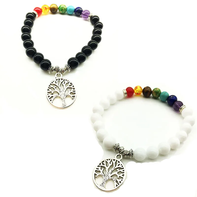 

New 7 Chakra Tree Of Life Bracelet Round Prayer Beads Natural Stone Bangles For Men Women Yoga Healing Chakra Charm Jewelry Gift