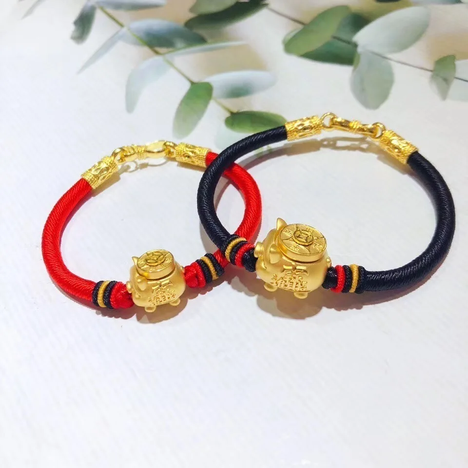 

Pure 24K 999 Yellow 3D Gold Year of the Pig Bracelet Luck Pig Zodiac Weaving Rope For Women Men Female Bracelet 17cmL 1.7-2.2g