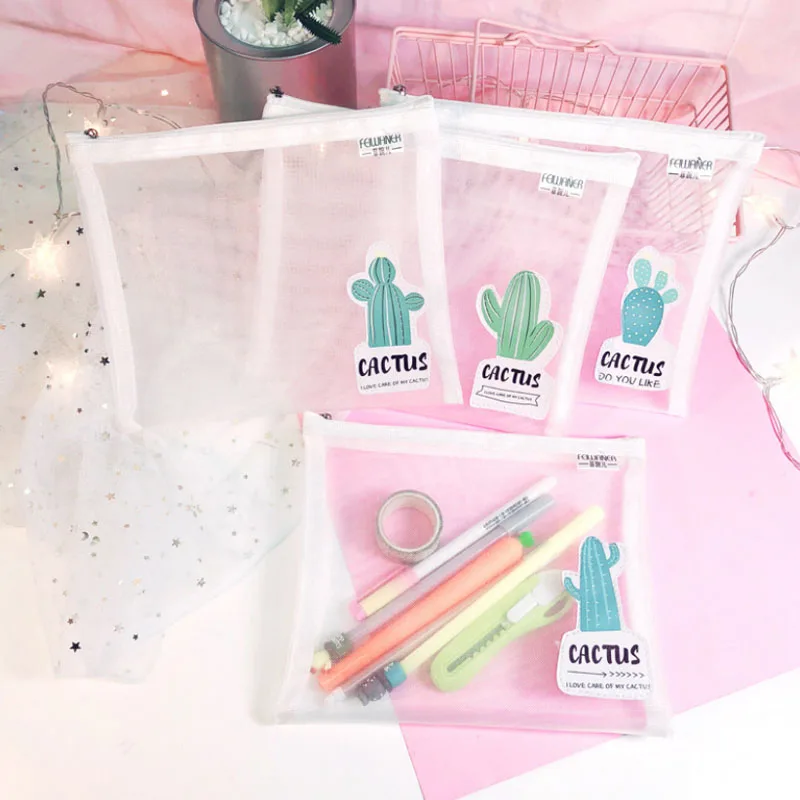 

1 Pcs Kawaii A4 Plant Cactus Transparent Folder PVC Mesh File Folder Document Bag Stationery Bag Gift Zipper Bags