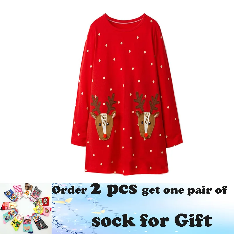 Jumping meters 18M-6T Children girls dresses applique deer kids dress long sleeve polka dot red dress gift Christmas dress girl Jumping meters 18M-6T Children girls dresses applique deer kids dress long sleeve polka dot red dress gift Christmas dress girl