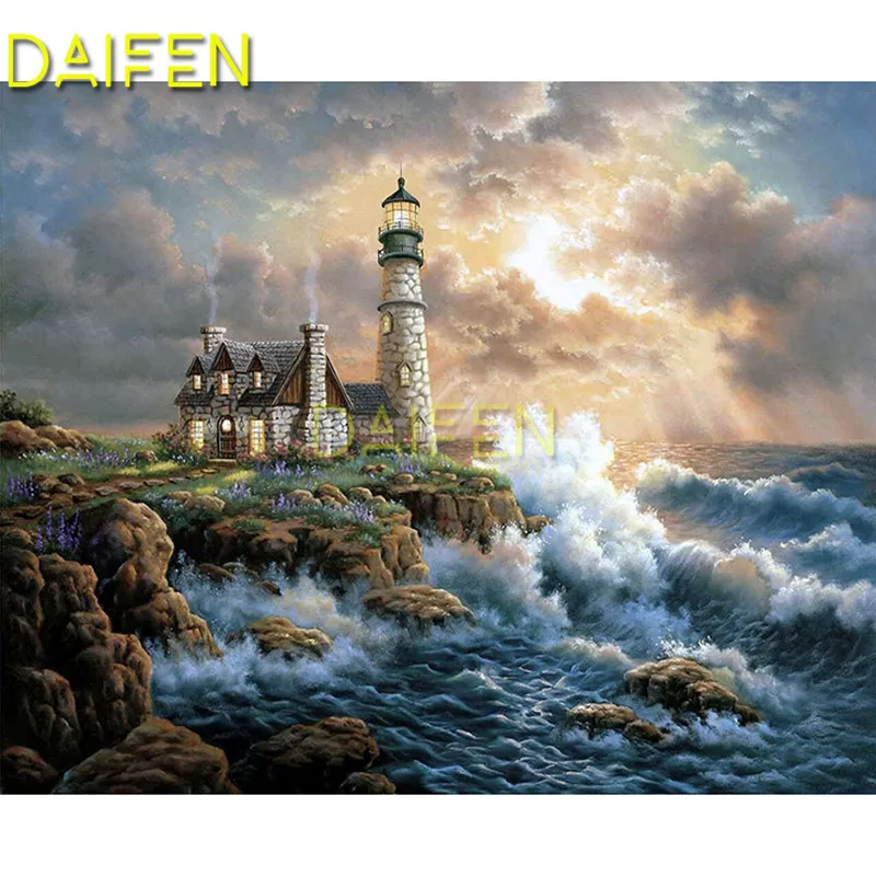 

Full Square Diamond embroidery Cross stitch seaside lighthouse chimney wave DIY 3D Diamond mosaic Full Round Diamond painting