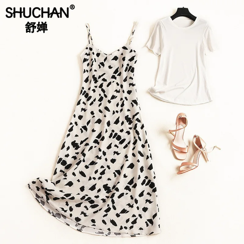 

Shuchan Two Piece Set Summer Clothes for Women Female Costume Casual T-shirt+print Dress To Mid-Calf Korean Women Fashion 51169