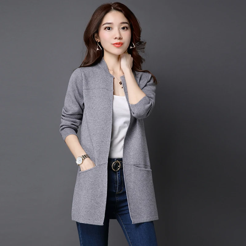 PEONFLY, новинка, женский осенний зимний свитер,, длинный кардиган, корейский, тонкий, с карманами, свободный, вязаный свитер, верхняя одежда, пальто, джемпер - Цвет: Grey