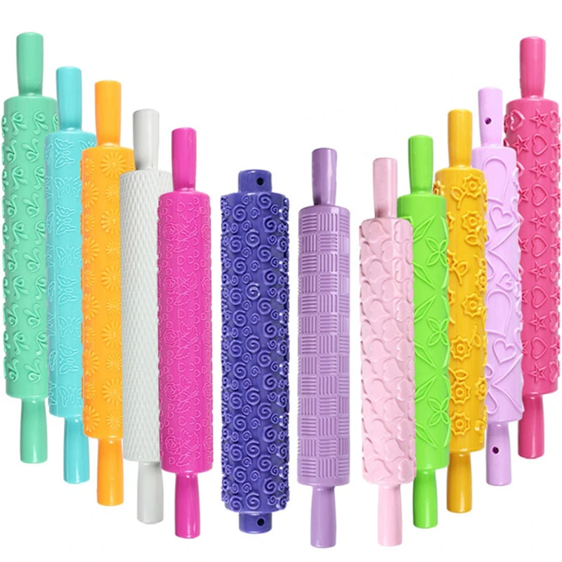 

32cm DIY Kitchen Cooking Tool Pastic Non-stick Fondant Cake Embossing Roller Sugarcraft Decorating Lace Rolling Pin DUO7