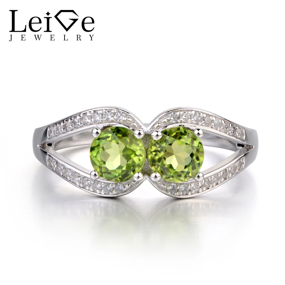 Leigeジュエリーラウンドカットペリドットリングダブル石リング結婚式婚約指輪女性のためのスターリングシルバー925ジュエリーグリーン Ring For Rings For Womenring Double Aliexpress