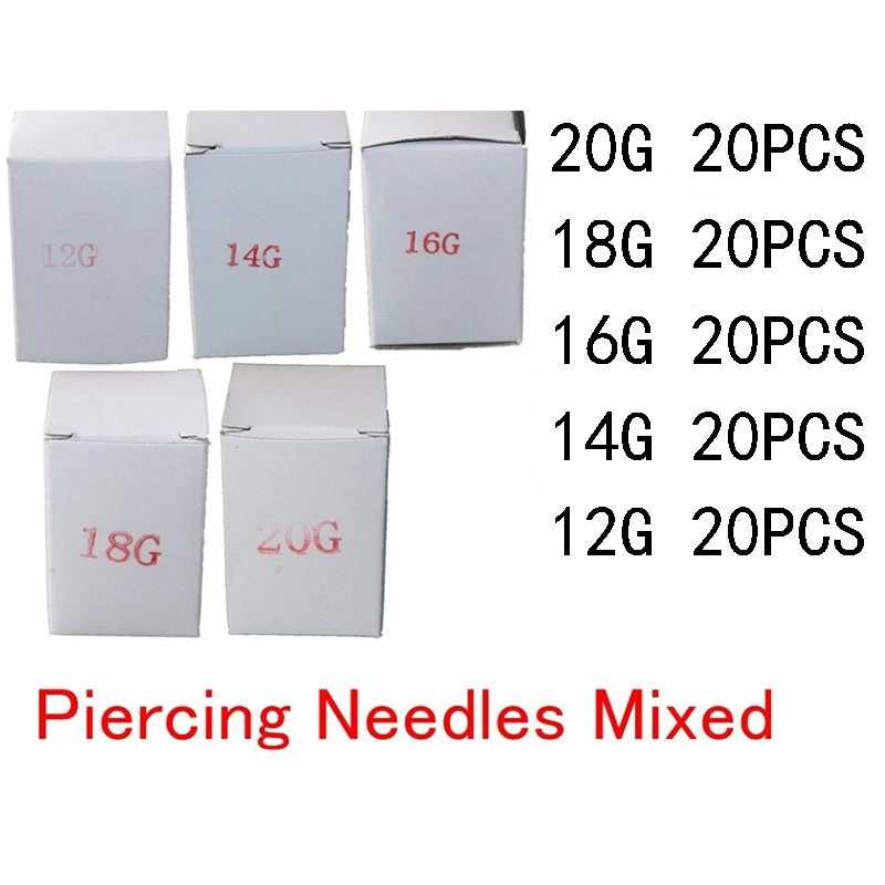 

Hot item 100PCS Piercing Needles Mixed 12G 14G 16G 18G 20G Sterile Disposable Body Piercing Needles For Ear Nose Navel Nipple