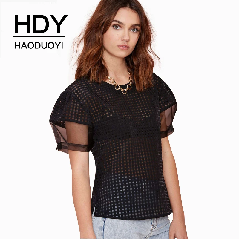 Женская Прозрачная Футболка HDY Haoduoyi черная свободная сетчатая с
