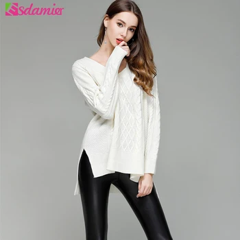 

Loose Twisted Knitwear Sweater Women Fashion V Neck Side Split Pullover Sweaters Jumper Women Long Sleeve Pull Femme Tricot
