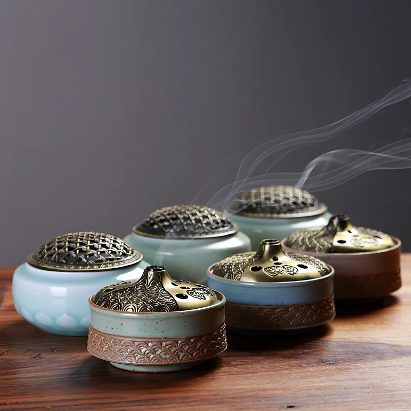 Ceramic Ge kiln Coil Incense Burners Holder with Metal Copper Cover