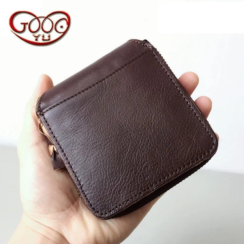

First layer of pure leather zipper square creative personality small wallet vegetable tanning leather duo card Japan and South K
