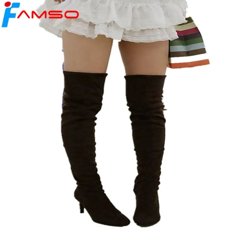

FAMSO 2018 Shoes Women Boots New Big Size 34-43 Heels Shoes Autumn Motorcycle Boots Black Gray Winter Sexy Thigh High Boots Shoe