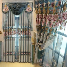 Blue Chenille Luxury Europe Embroidered Valance Curtain for Living Room Window Water Soluble Tulle Custom Made