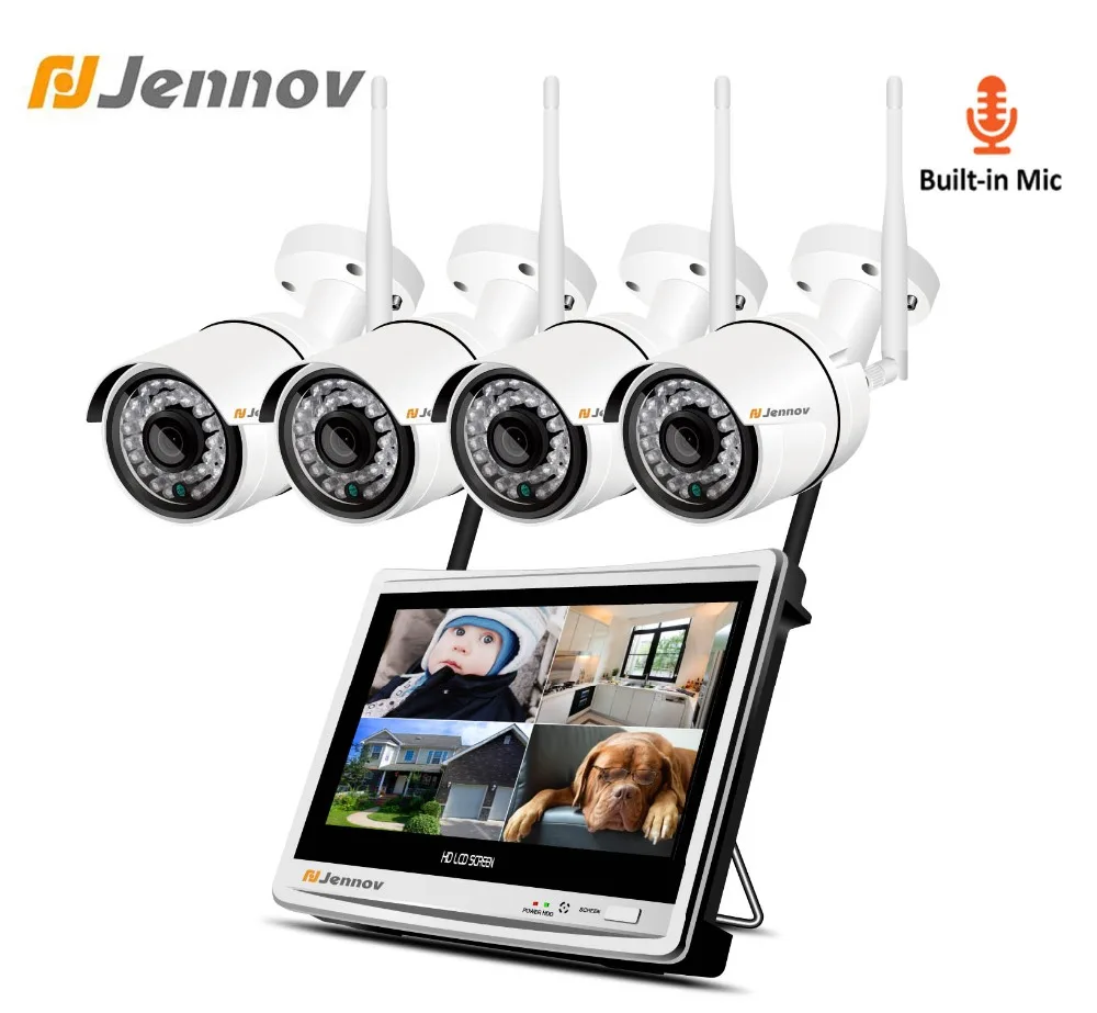 

Jennov 4CH 1080P Video Surveillance 2MP Kit CCTV IP Camera Wireless Security Camera System NVR WiFi HD NVR 12Inch LCD Audio
