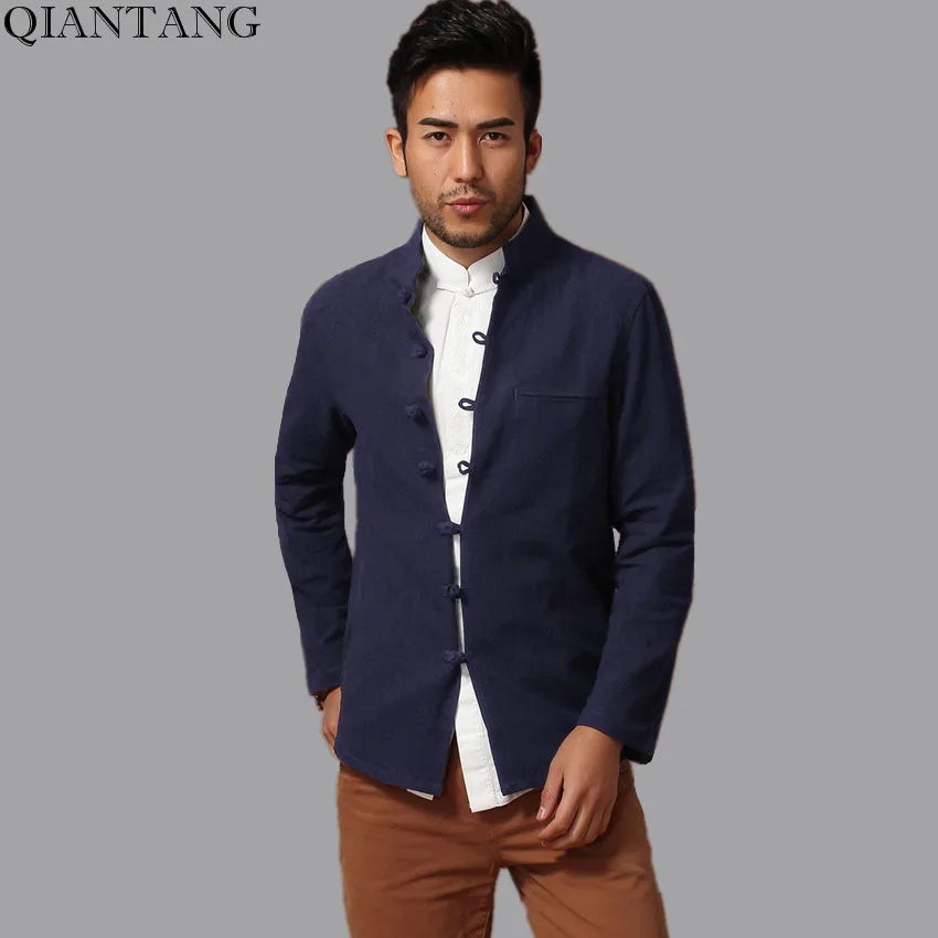 Navy Blue Traditional Chinese Style Men Cotton Linen Kung