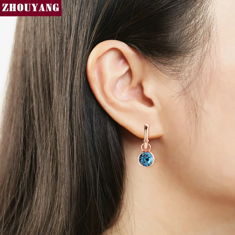 ZHOUYANG Simple Style Blue Cystal Rose Gold Color Drop Earrings For Women Wedding Party Gift Wholesale ZYE072 Top Quality