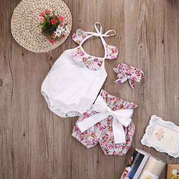 

THE NEW Toddler Kids Baby Girls Flower Stripe Tops Romper and Shorts Outfit Set Clothes sweet and cute features white pink CH
