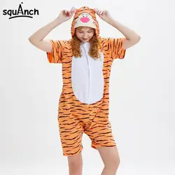 Летние Kigurumi Onesie животных мультфильм короткий рукав хлопчатобумажные пижамы с капюшоном Забавный костюм Для женщин девочек Единорог