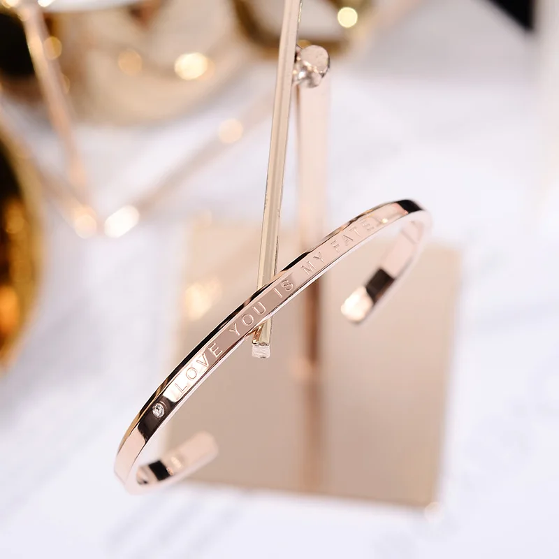 

YUN RUO 2018 New Arrival Punk LOVE YOU IS MY FATE Bangle Rose Gold Color Women Birthday Gift Titanium Steel Jewelry Not Fade