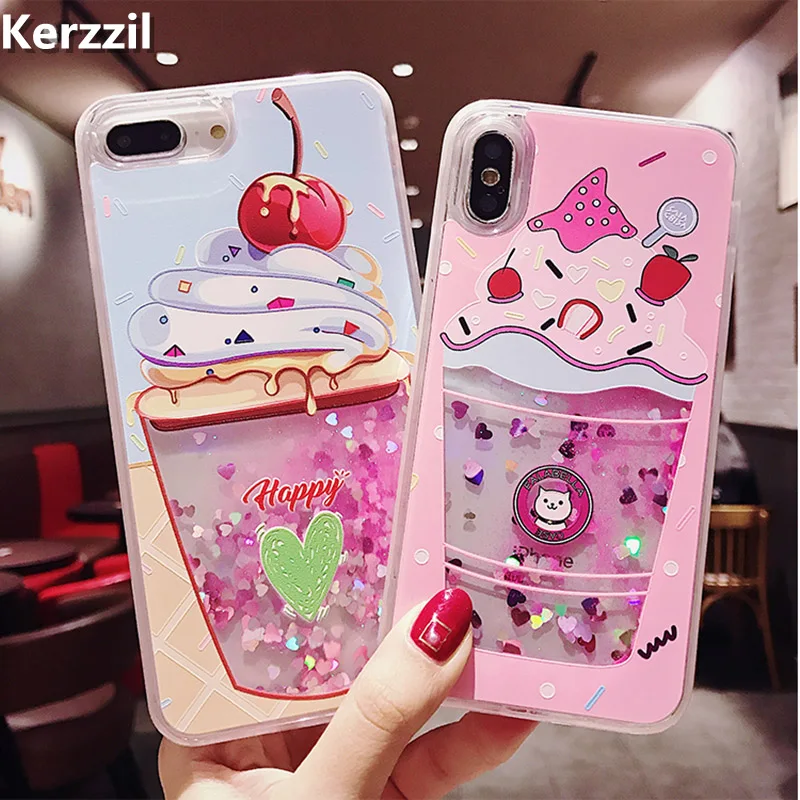 

Kerzzil lovely Peach Heart Glitter Dynamic Liquid Quicksand Phone Case For iPhone 6 6S Plus 7 8 Plus X Case Ice Cream Back Cover