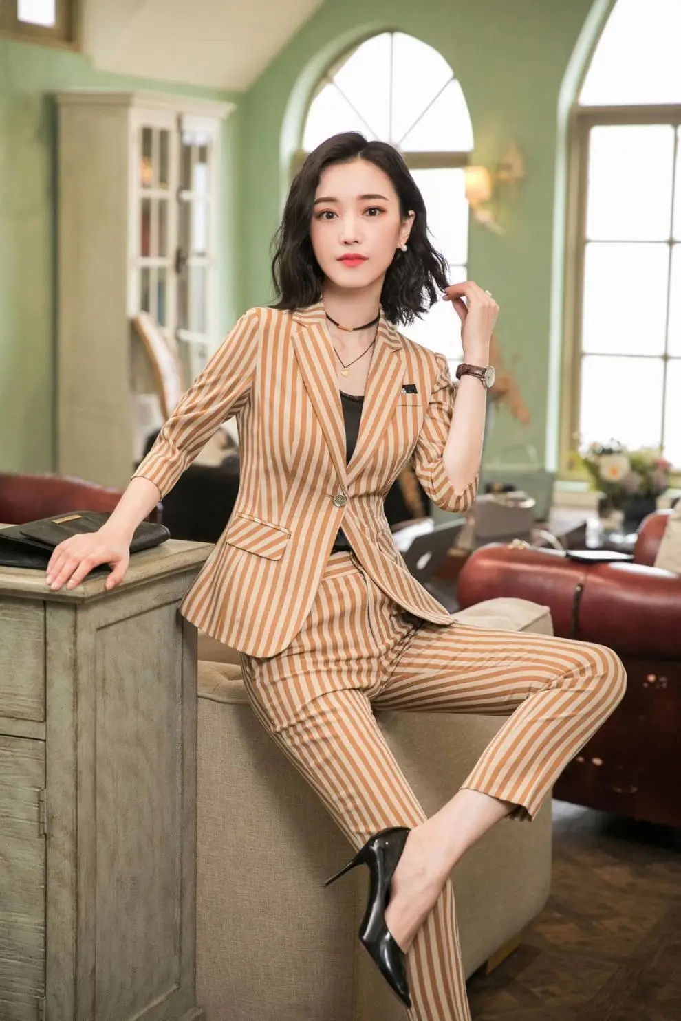 IZICFLY Spring Summer Khaki Striped Suits for Women Pants and Blazer Slim Business Completo Donna Elegante Office Wear Big Size IZICFLY Spring Summer Khaki Striped Suits for Women Pants and Blazer Slim Business Completo Donna Elegante Office Wear Big Size