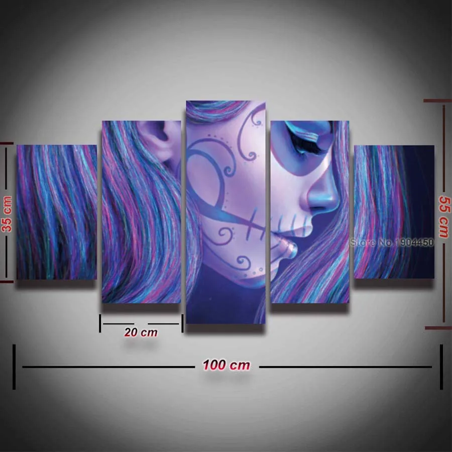 

5 Panel Canvas Wall Art Sugar Skull Girl Face Painting HD Prints Modular Picture for Home Decor Living Room Decorate Bedroom