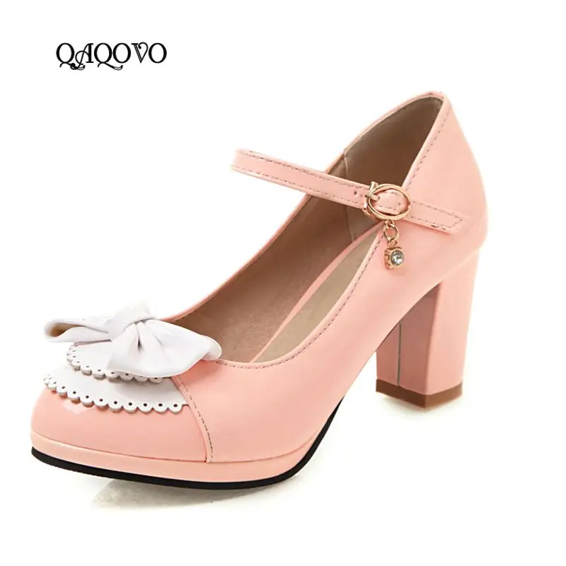 

2019 Women Platfrm Bow High Heels Mary Jane Pumps Thick High Heels Buckle Party Shoes Plus Size 43